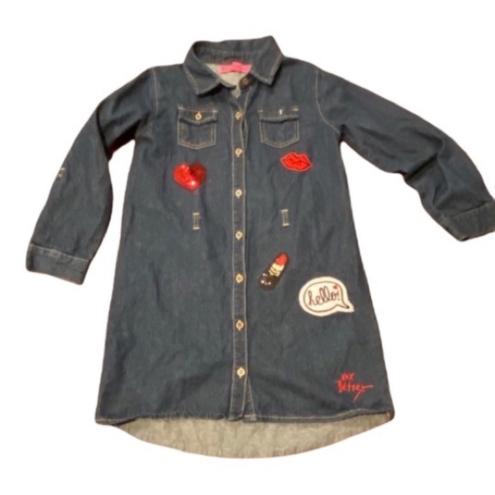 Betsey Johnson Girls Denim Shirt Dress Size 10 Embroidered
